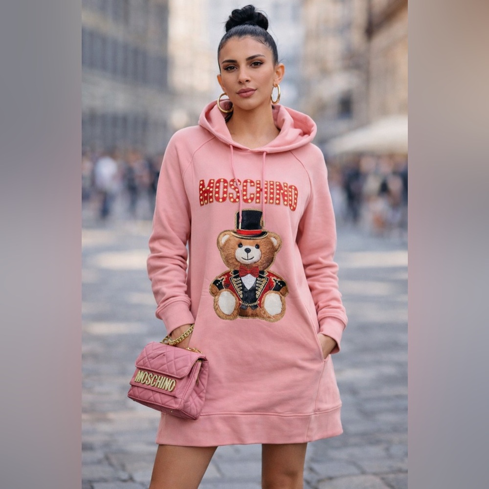 Moschino Pink Hoodie Dress with Teddy Bear Motif – Size 4